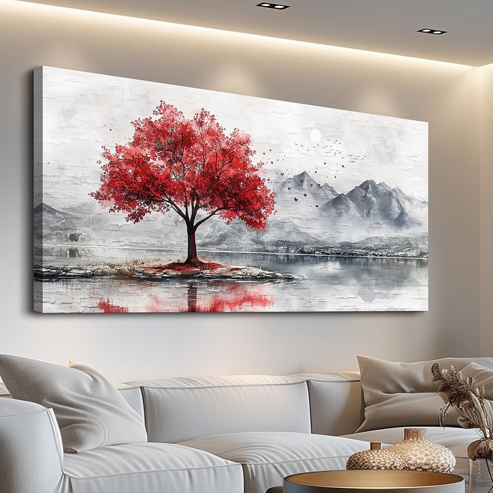 QIYILEXWART Canvas Wall Art For Living Room Wall Decor For Bedroom Office Wall Decoration Red Tree Landscape Painting Farmhouse Pictures Artwork Room Aesthetic Home Decor 20×40 In