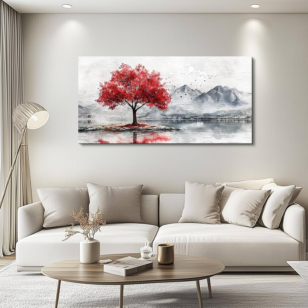QIYILEXWART Canvas Wall Art For Living Room Wall Decor For Bedroom Office Wall Decoration Red Tree Landscape Painting Farmhouse Pictures Artwork Room Aesthetic Home Decor 20×40 In