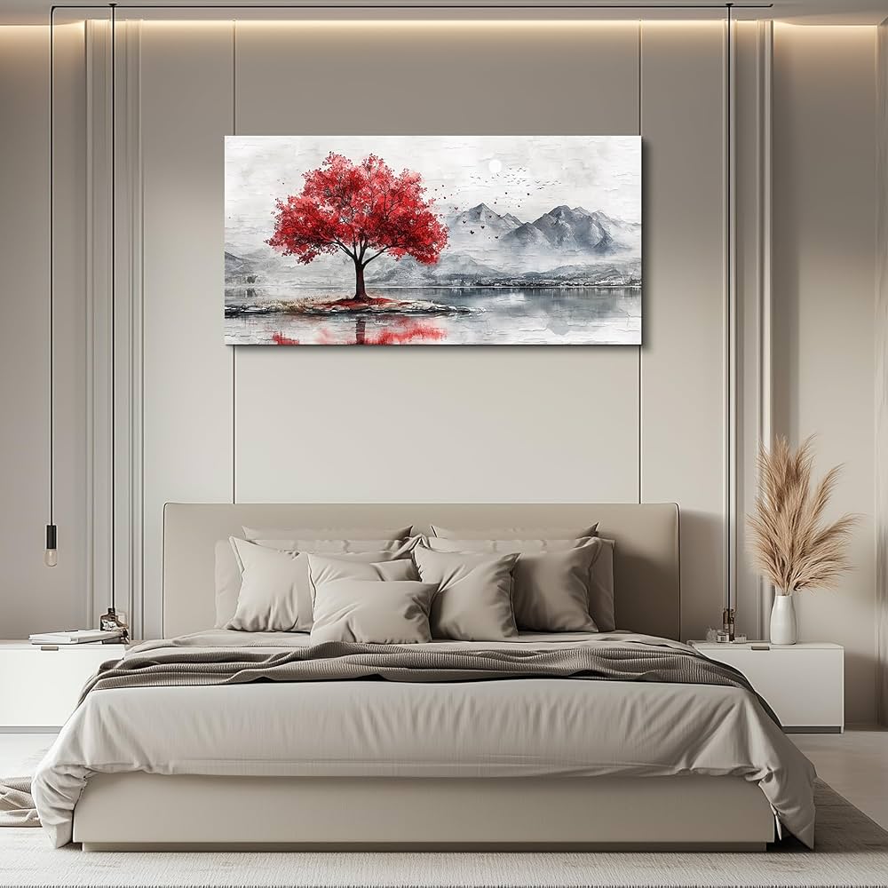 QIYILEXWART Canvas Wall Art For Living Room Wall Decor For Bedroom Office Wall Decoration Red Tree Landscape Painting Farmhouse Pictures Artwork Room Aesthetic Home Decor 20×40 In