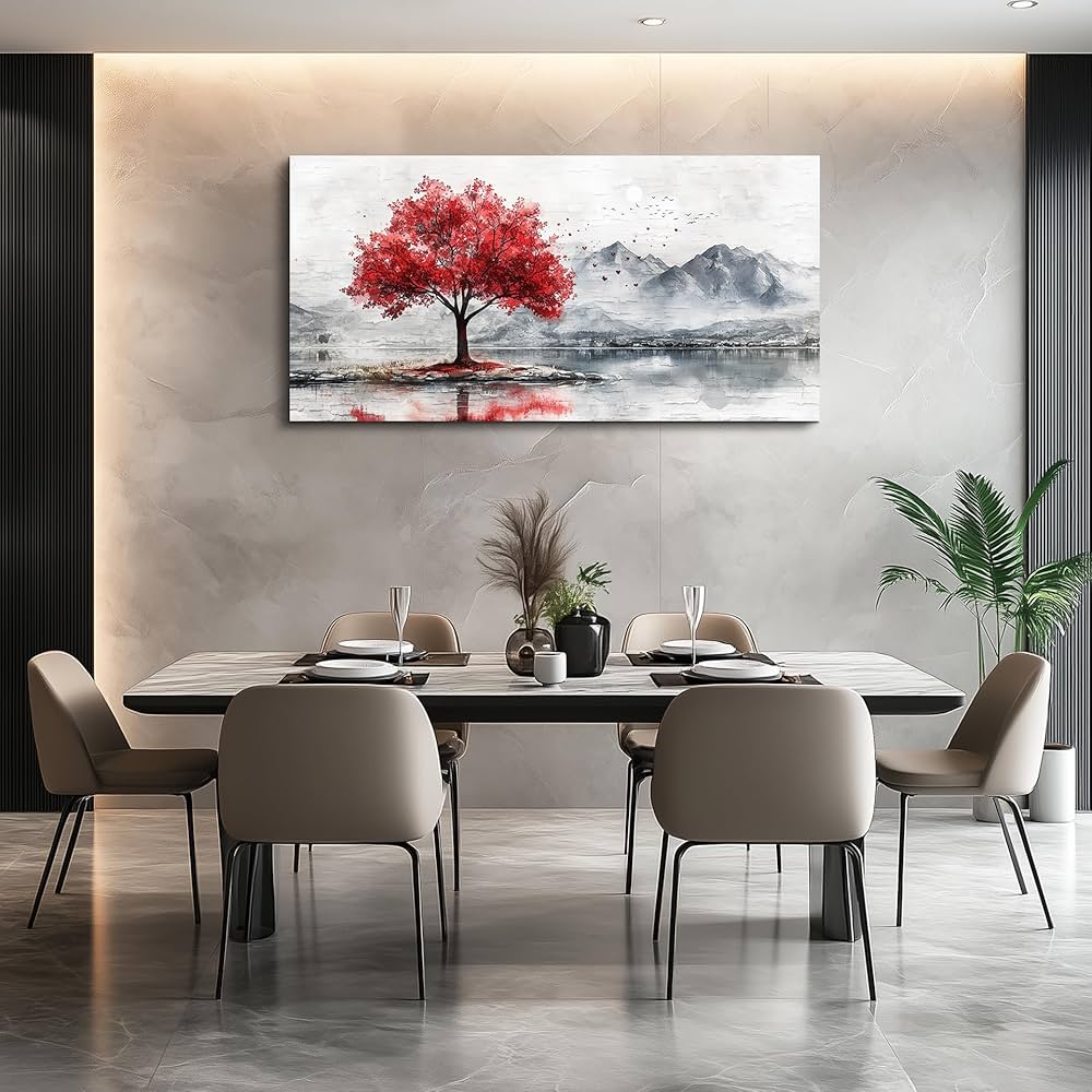 QIYILEXWART Canvas Wall Art For Living Room Wall Decor For Bedroom Office Wall Decoration Red Tree Landscape Painting Farmhouse Pictures Artwork Room Aesthetic Home Decor 20×40 In