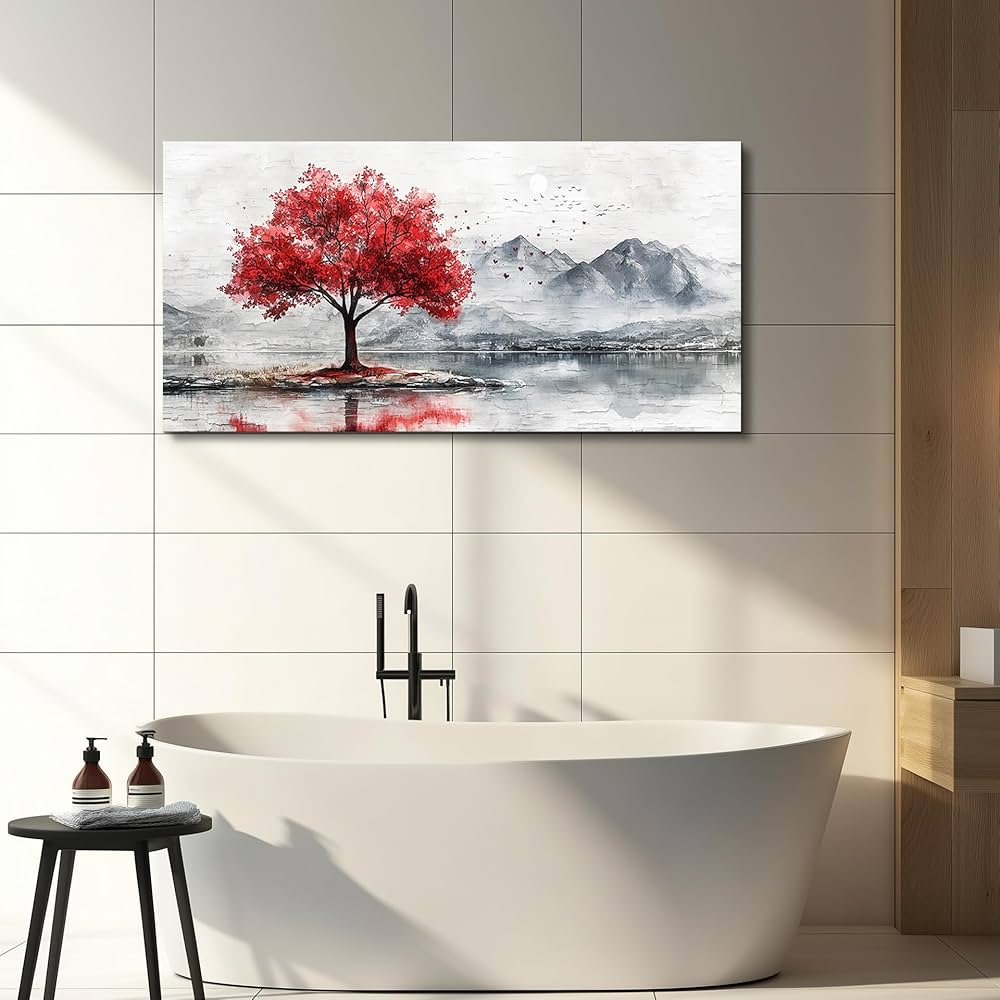 QIYILEXWART Canvas Wall Art For Living Room Wall Decor For Bedroom Office Wall Decoration Red Tree Landscape Painting Farmhouse Pictures Artwork Room Aesthetic Home Decor 20×40 In