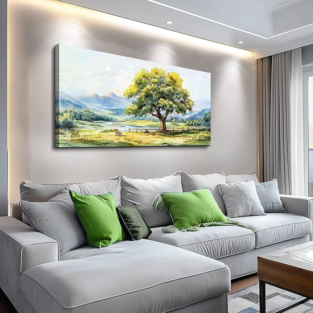 QIYILEXWART Canvas Wall Art For Living Room Wall Decor For Bedroom Office Wall Decoration Green Tree Landscape Painting Farmhouse Pictures Artwork Room Aesthetic Home Decor 20×40 In