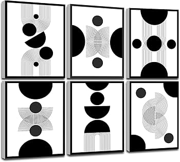 Framed Abstract Wall Art, Modern Boho Black and White Wall Decor Geometric Canvas Wall Art for Living Room Bedroom Bathroom Office, Ready to Hang (Set of 6, 8×10 Inch, Framed
