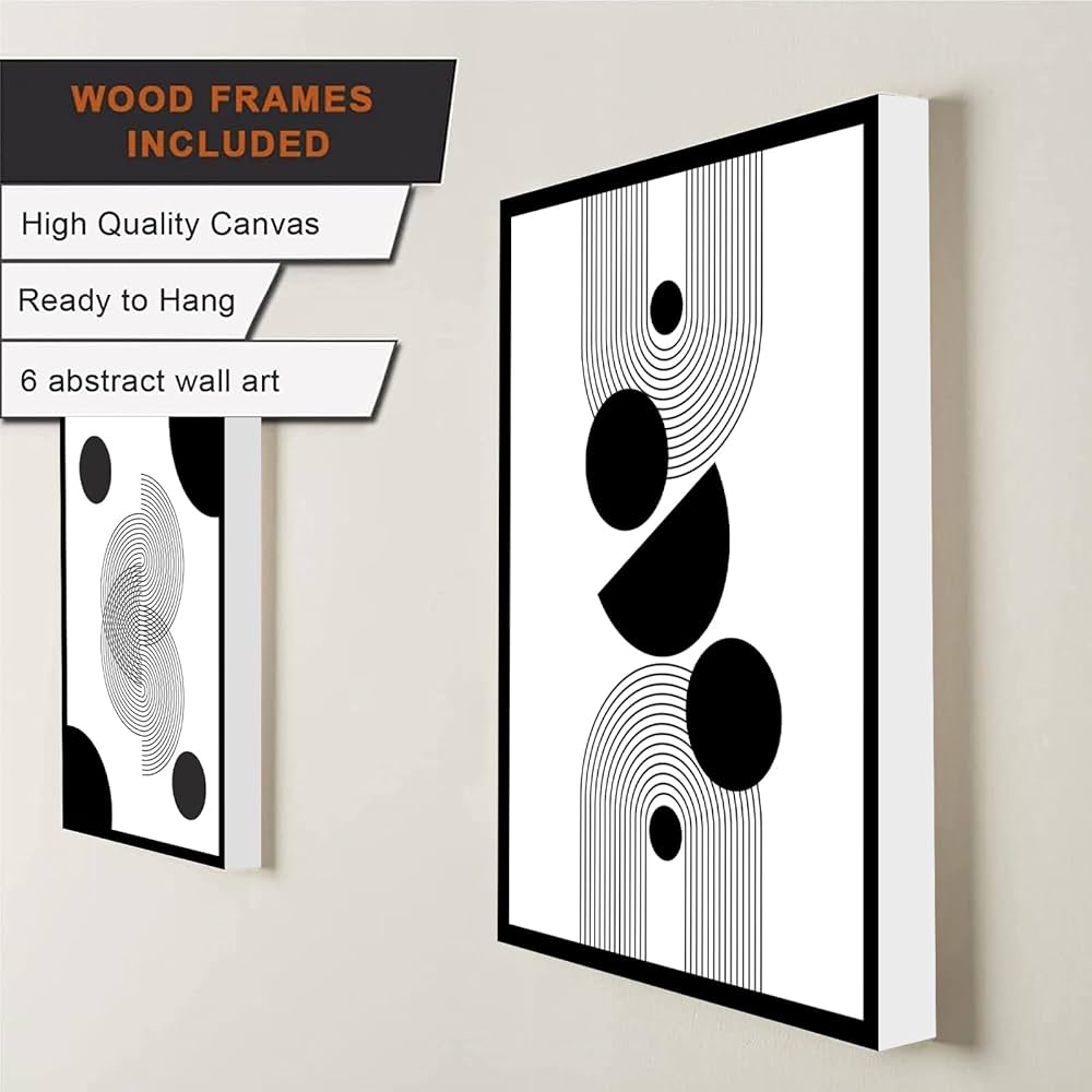Framed Abstract Wall Art, Modern Boho Black and White Wall Decor Geometric Canvas Wall Art for Living Room Bedroom Bathroom Office, Ready to Hang (Set of 6, 8×10 Inch, Framed