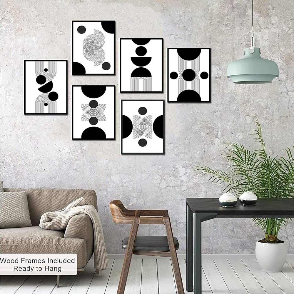 Framed Abstract Wall Art, Modern Boho Black and White Wall Decor Geometric Canvas Wall Art for Living Room Bedroom Bathroom Office, Ready to Hang (Set of 6, 8×10 Inch, Framed