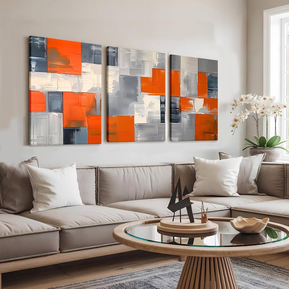 AUUAUU Abstract Geometric Canvas Wall Art Set of 3 Modern Minimalist Wall Decor 16×24 Inch Orange Black and White Paintings Posters Prints for Living Room Bedroom Office