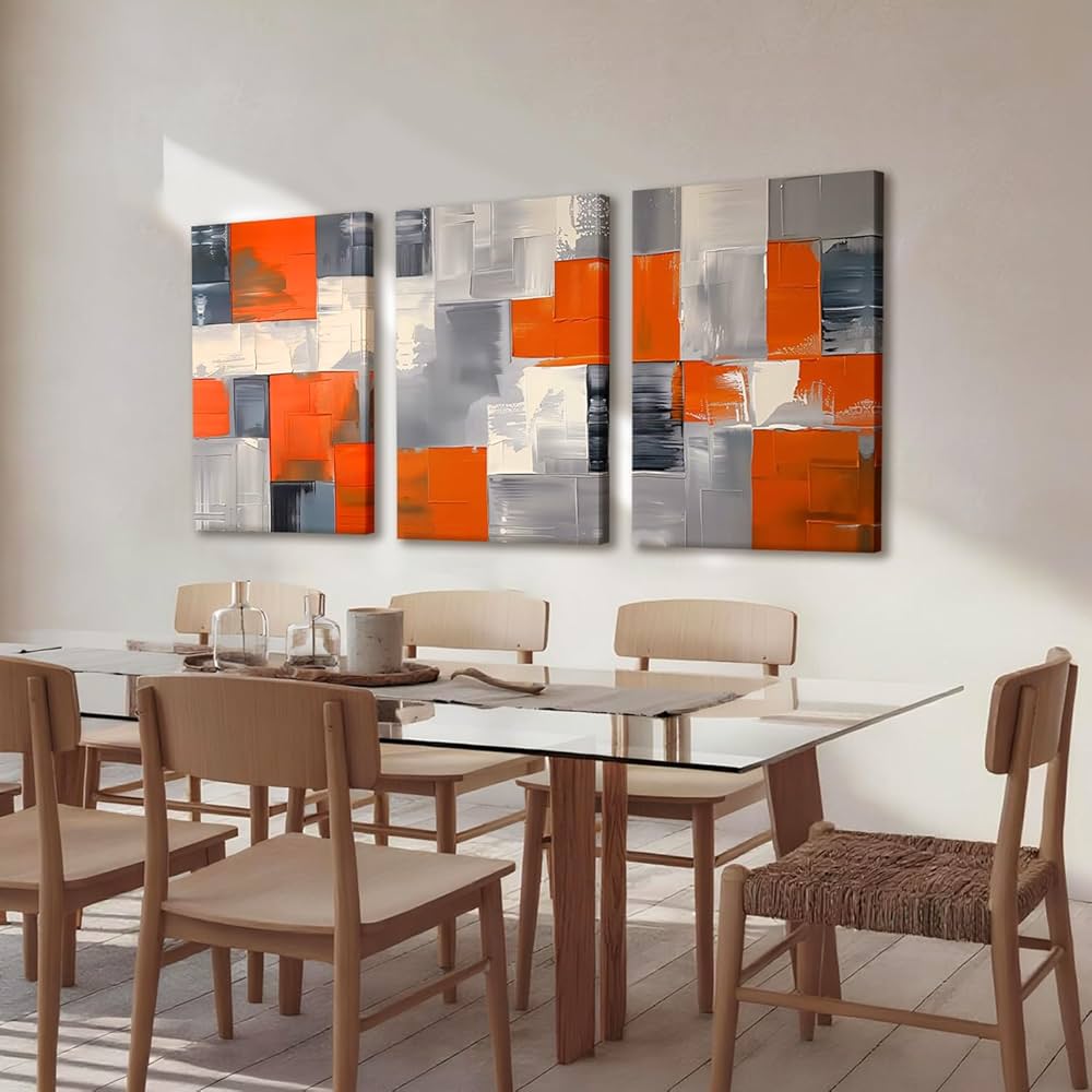 AUUAUU Abstract Geometric Canvas Wall Art Set of 3 Modern Minimalist Wall Decor 16×24 Inch Orange Black and White Paintings Posters Prints for Living Room Bedroom Office