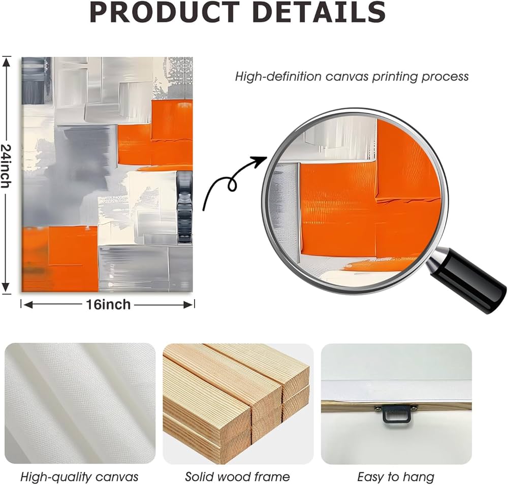 AUUAUU Abstract Geometric Canvas Wall Art Set of 3 Modern Minimalist Wall Decor 16×24 Inch Orange Black and White Paintings Posters Prints for Living Room Bedroom Office