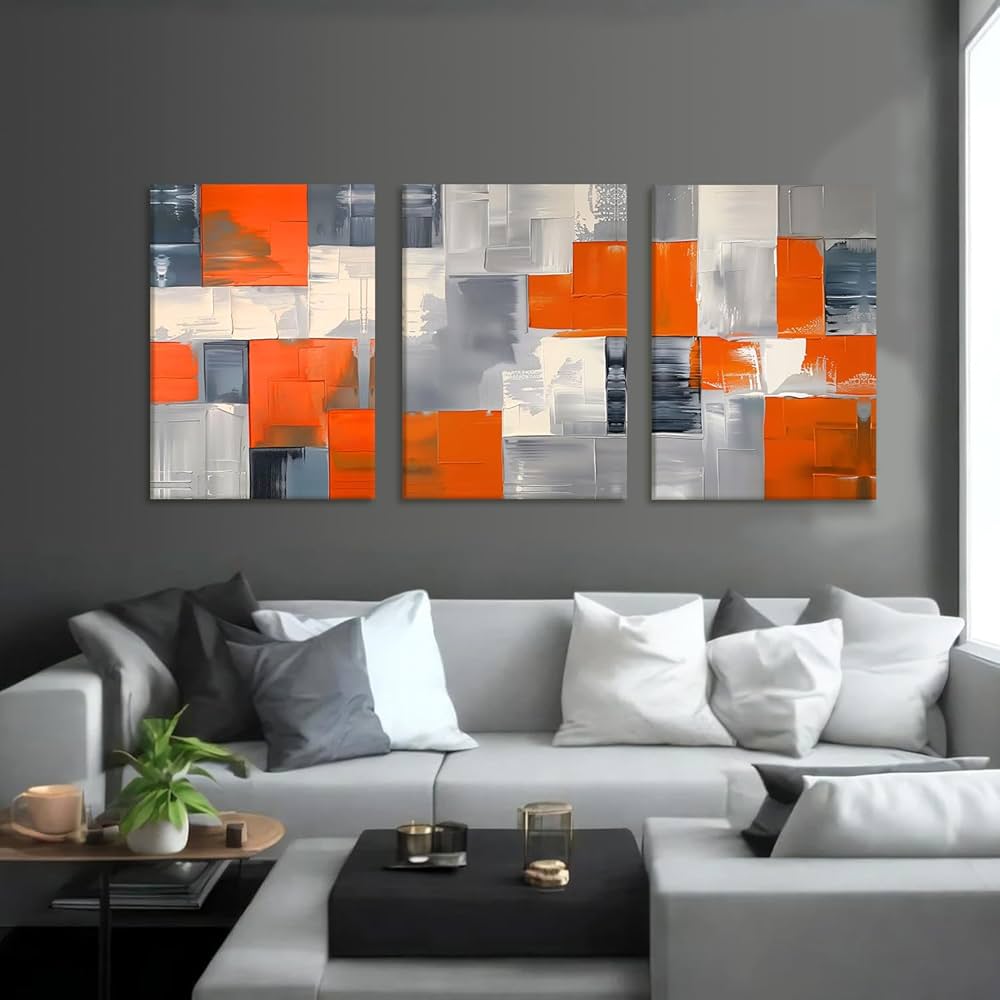 AUUAUU Abstract Geometric Canvas Wall Art Set of 3 Modern Minimalist Wall Decor 16×24 Inch Orange Black and White Paintings Posters Prints for Living Room Bedroom Office