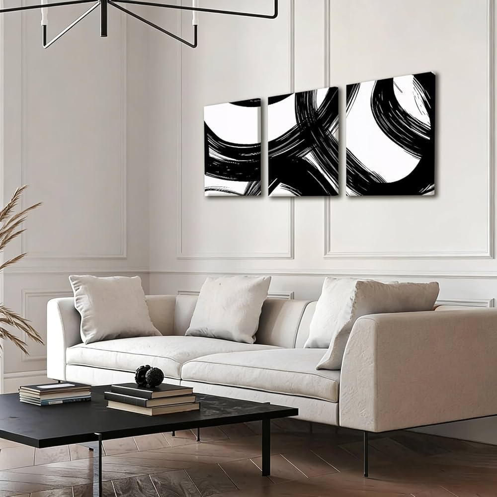 AUUAUU Abstract Canvas Wall Art Set of 3 Modern Minimalist Wall Decor Black White Brushstroke Painting Artwork 16×24 Inch Framed Posters Prints for Living Room Bedroom Office
