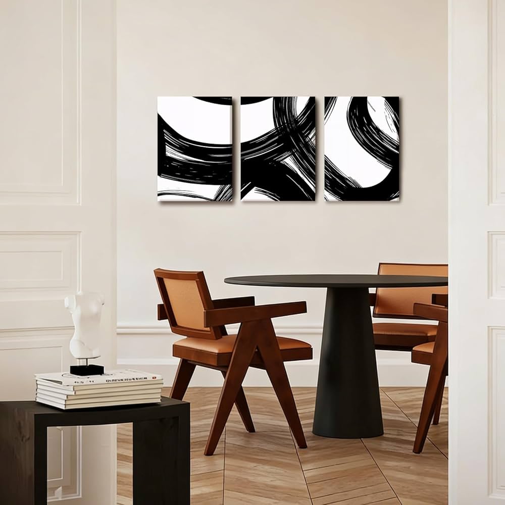 AUUAUU Abstract Canvas Wall Art Set of 3 Modern Minimalist Wall Decor Black White Brushstroke Painting Artwork 16×24 Inch Framed Posters Prints for Living Room Bedroom Office