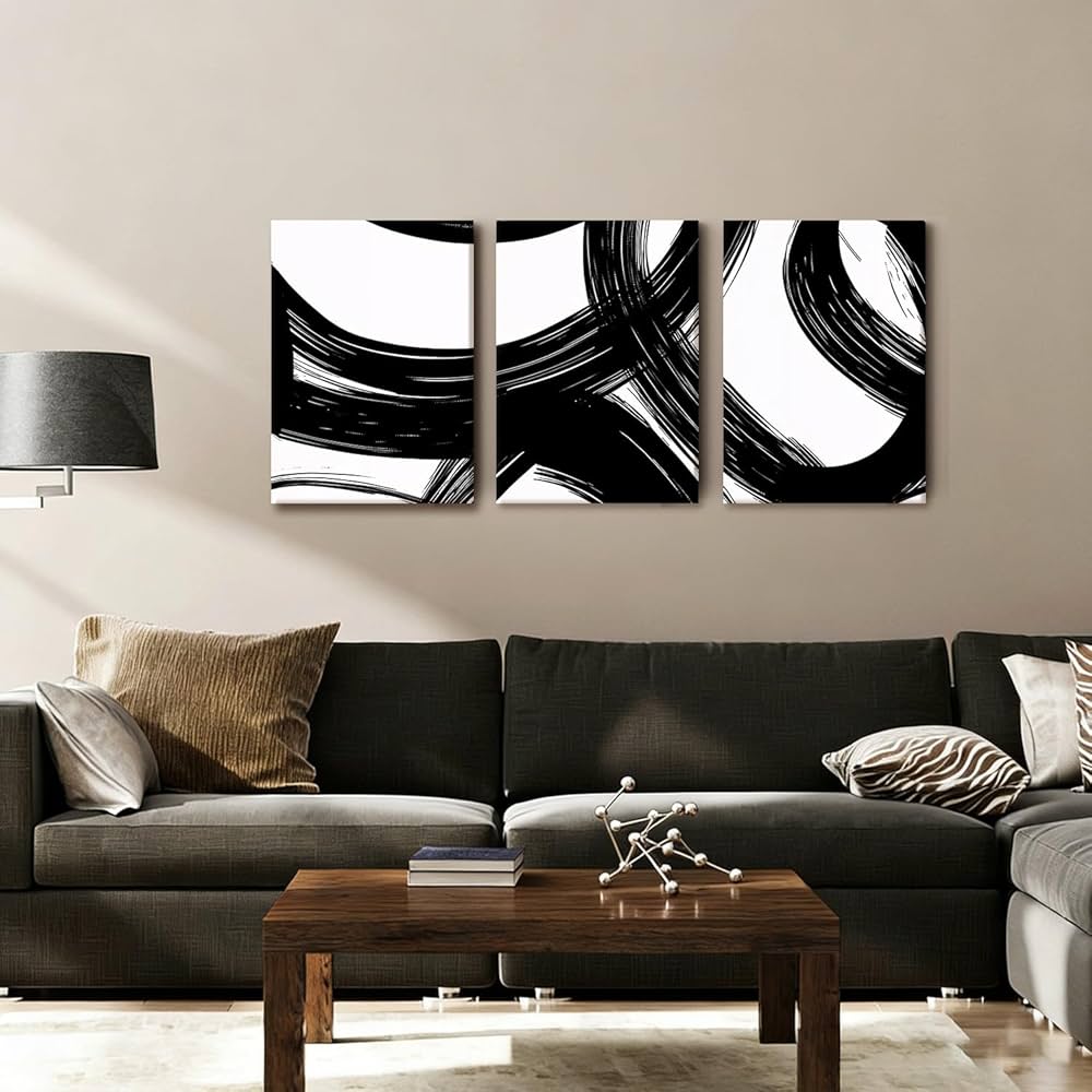 AUUAUU Abstract Canvas Wall Art Set of 3 Modern Minimalist Wall Decor Black White Brushstroke Painting Artwork 16×24 Inch Framed Posters Prints for Living Room Bedroom Office
