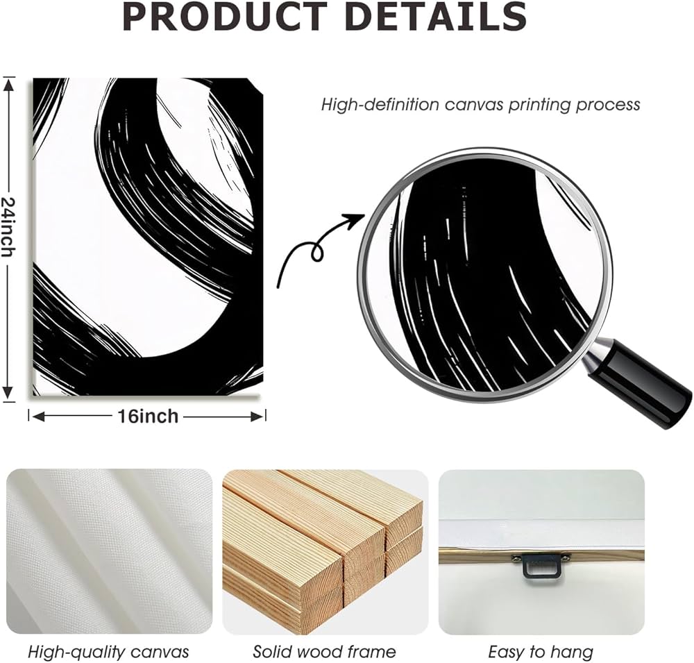 AUUAUU Abstract Canvas Wall Art Set of 3 Modern Minimalist Wall Decor Black White Brushstroke Painting Artwork 16×24 Inch Framed Posters Prints for Living Room Bedroom Office