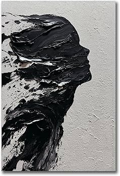 moshinart 24 x 36in Hand-Painted Oil Painting 3D Texture Black White Grey Modern Minimalist Black Abstract Wall Art, Home Office Wall Decoration Black White Grey Girl