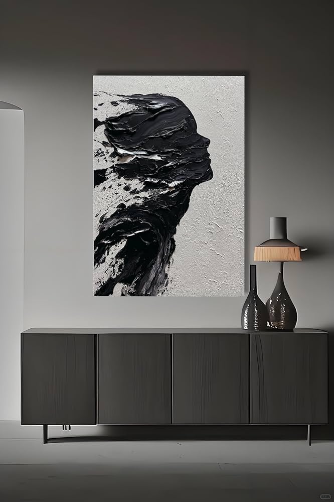 moshinart 24 x 36in Hand-Painted Oil Painting 3D Texture Black White Grey Modern Minimalist Black Abstract Wall Art, Home Office Wall Decoration Black White Grey Girl