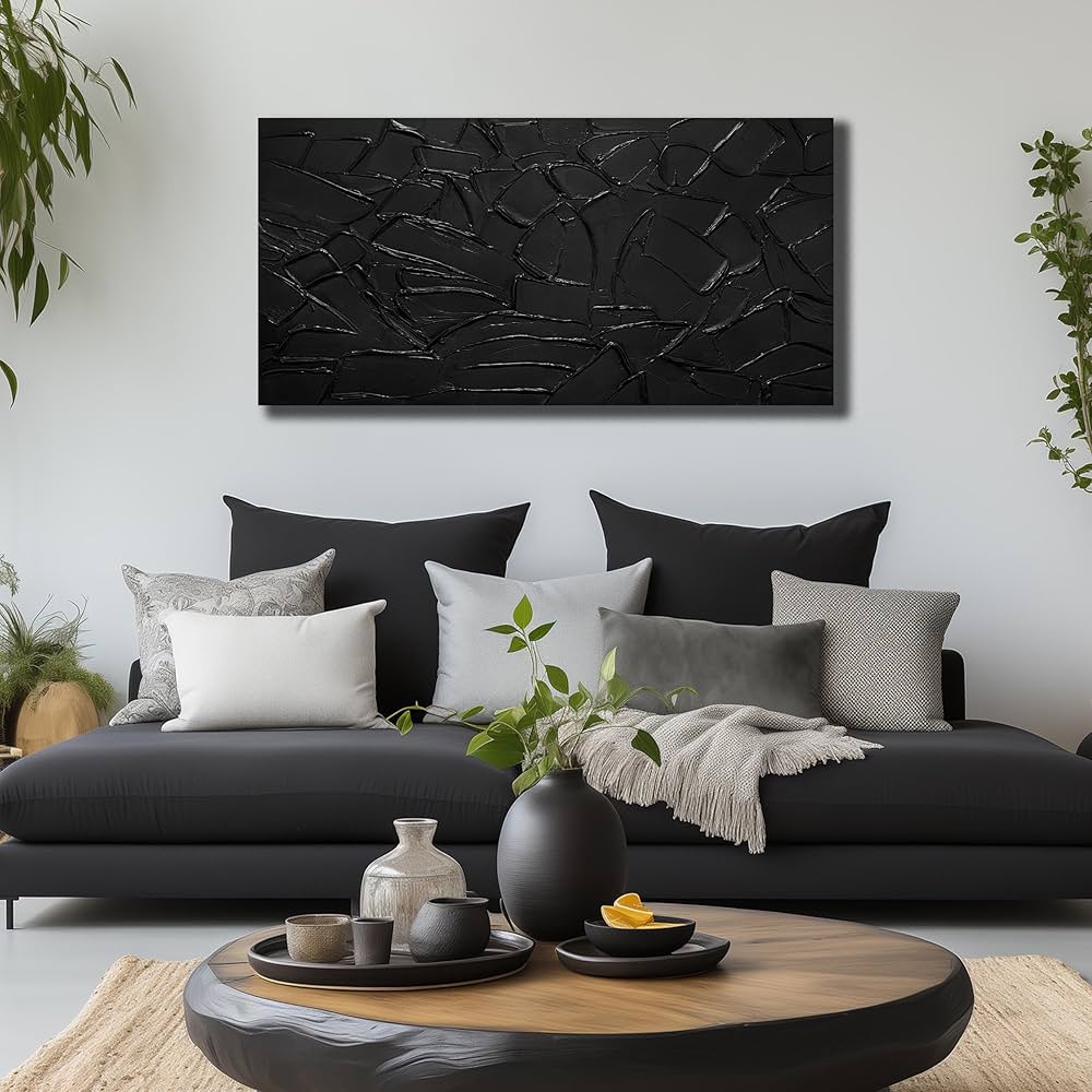 SKYRISE Large Hand Painting 3D Textured Canvas Wall Art for Living Room, Neutral Abstract Black Minimalismt Painting Handmade Picture Artwork Wall-Decor for Bedroom Office, Size 40×20 inches