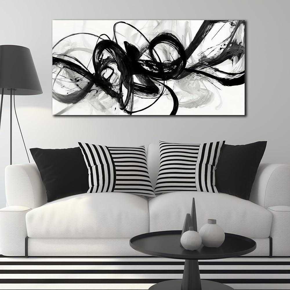 AUUZAIUA Abstract Wall Art for Living Room Black and White Swirl Lines Pictures Large Minimalist Artwork for Bedroom Kitchen Office Canvas Prints 20″x40″