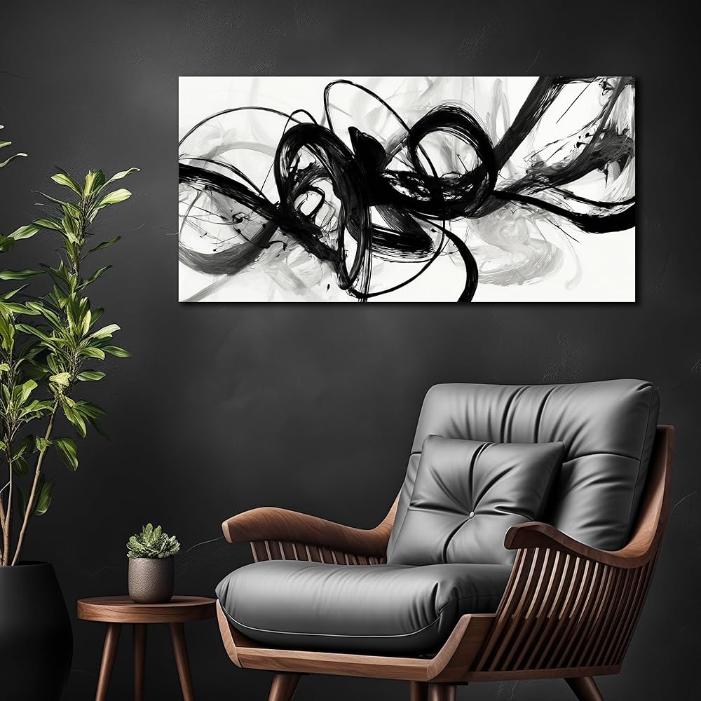 AUUZAIUA Abstract Wall Art for Living Room Black and White Swirl Lines Pictures Large Minimalist Artwork for Bedroom Kitchen Office Canvas Prints 20″x40″