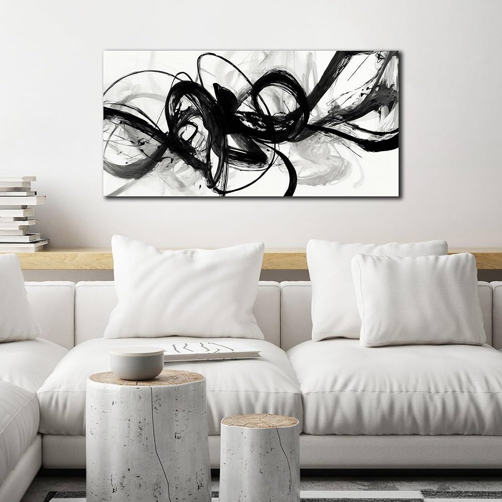 AUUZAIUA Abstract Wall Art for Living Room Black and White Swirl Lines Pictures Large Minimalist Artwork for Bedroom Kitchen Office Canvas Prints 20″x40″