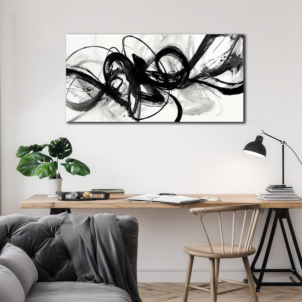 AUUZAIUA Abstract Wall Art for Living Room Black and White Swirl Lines Pictures Large Minimalist Artwork for Bedroom Kitchen Office Canvas Prints 20″x40″