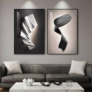 Large Framed Modern Black and White Wall Art for Living Room, Set of 2 Abstract Geometric Print Paintings Decor, Luxury Bright Style Artwork Pictures for Bedroom Dining Room Hallway 24×36 Inch