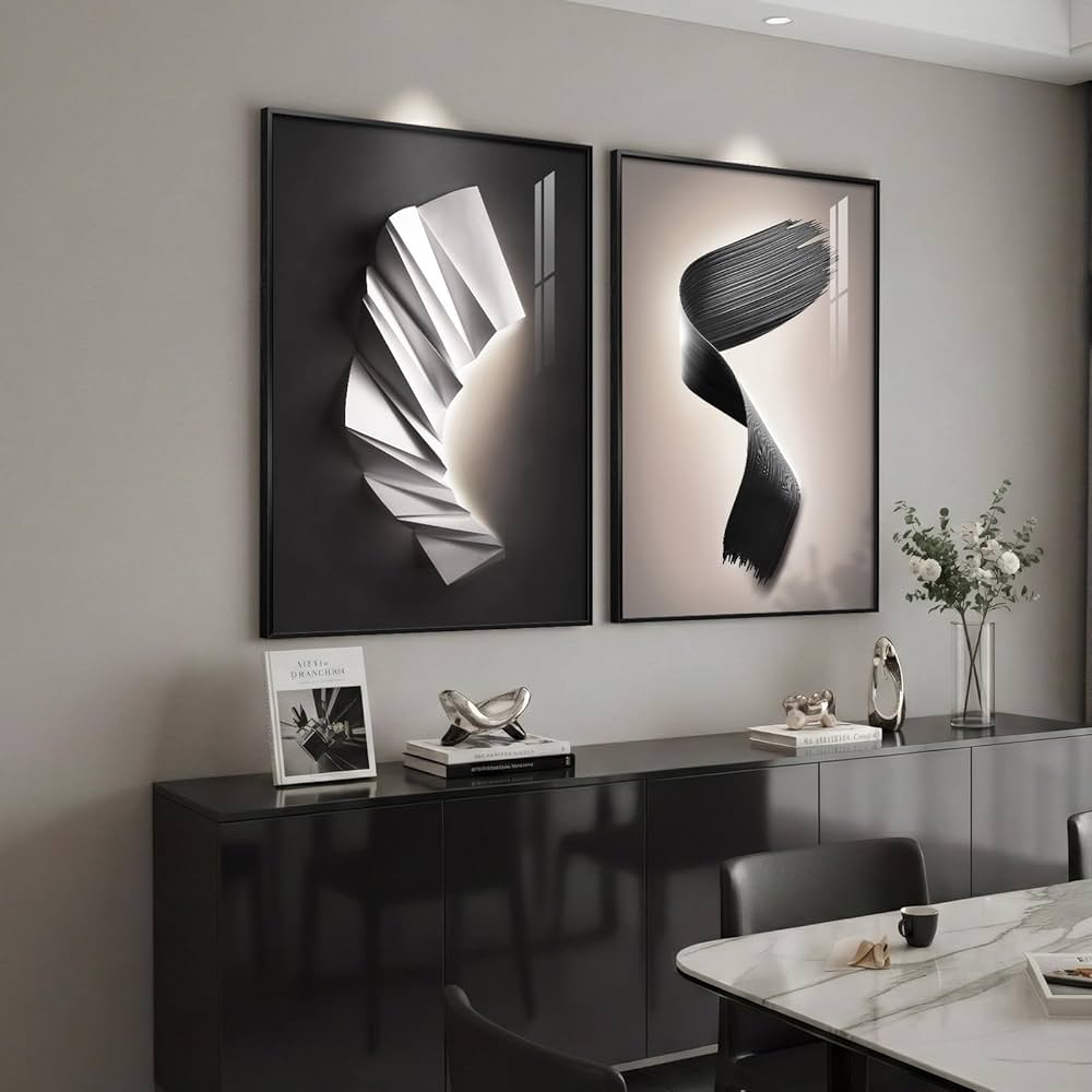 Large Framed Modern Black and White Wall Art for Living Room, Set of 2 Abstract Geometric Print Paintings Decor, Luxury Bright Style Artwork Pictures for Bedroom Dining Room Hallway 24×36 Inch