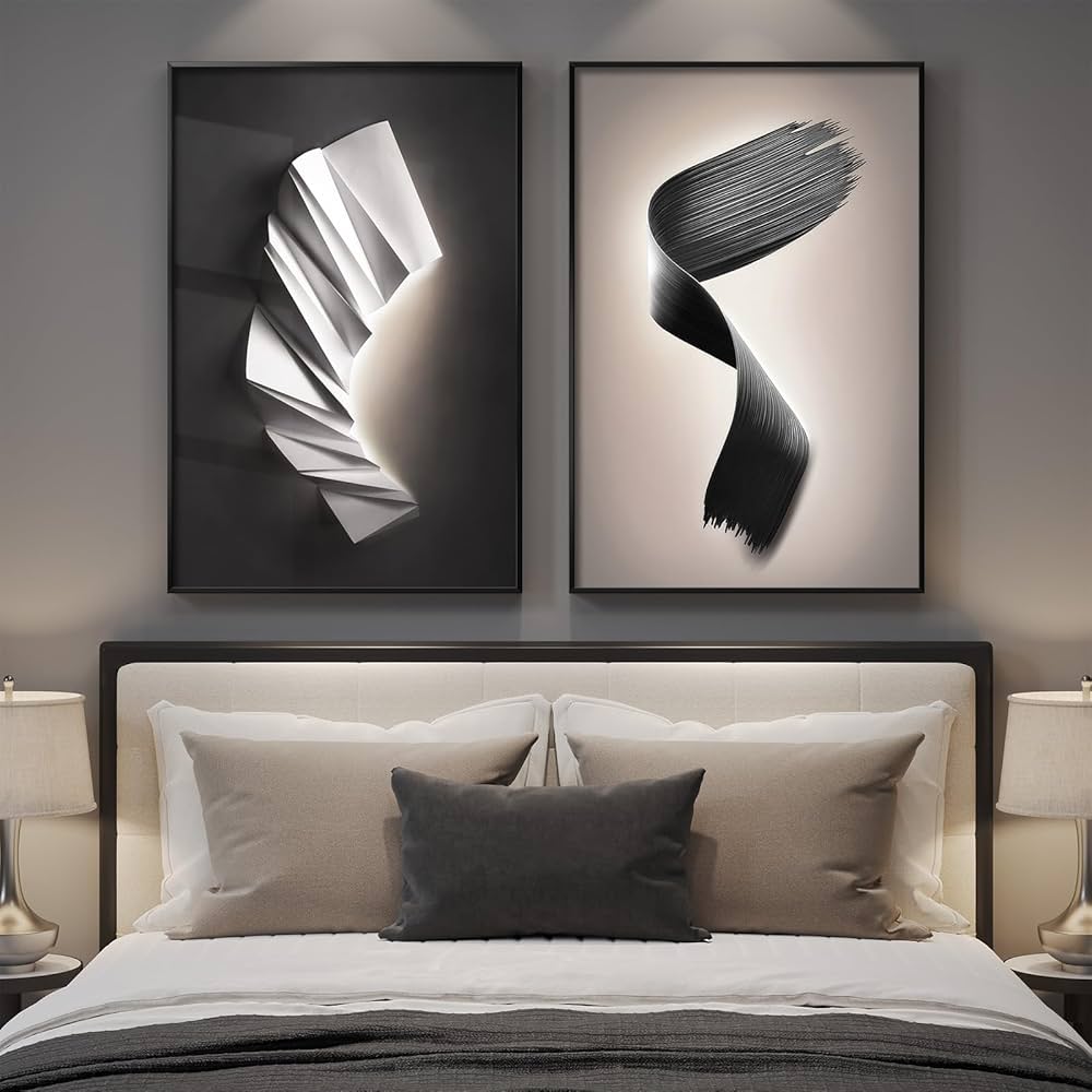 Large Framed Modern Black and White Wall Art for Living Room, Set of 2 Abstract Geometric Print Paintings Decor, Luxury Bright Style Artwork Pictures for Bedroom Dining Room Hallway 24×36 Inch