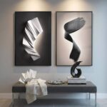Large Framed Modern Black and White Wall Art for Living Room, Set of 2 Abstract Geometric Print Paintings Decor, Luxury Bright Style Artwork Pictures for Bedroom Dining Room Hallway 24×36 Inch