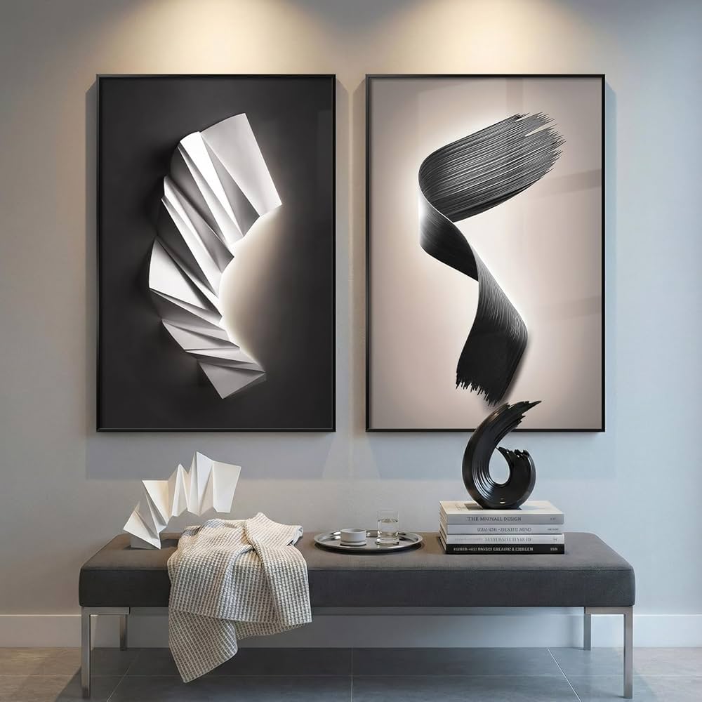 Large Framed Modern Black and White Wall Art for Living Room, Set of 2 Abstract Geometric Print Paintings Decor, Luxury Bright Style Artwork Pictures for Bedroom Dining Room Hallway 24×36 Inch
