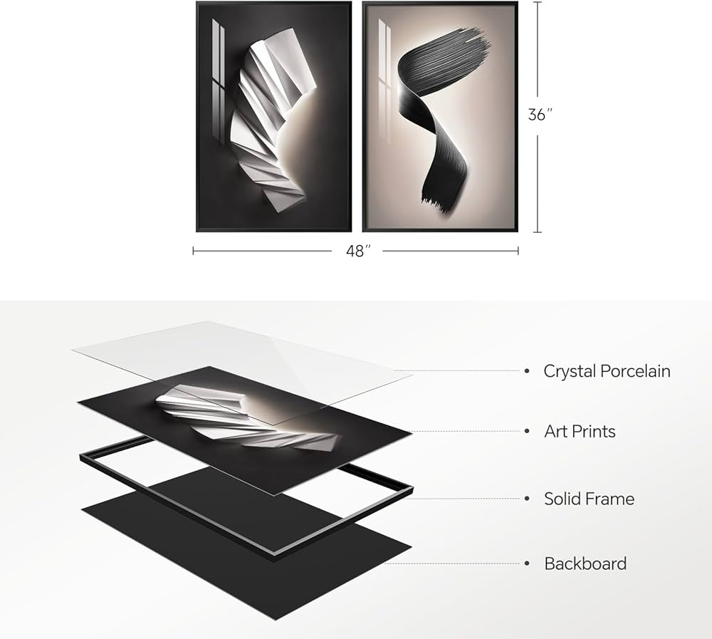 Large Framed Modern Black and White Wall Art for Living Room, Set of 2 Abstract Geometric Print Paintings Decor, Luxury Bright Style Artwork Pictures for Bedroom Dining Room Hallway 24×36 Inch