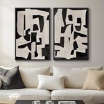 Large Framed Black and White Abstract Wall Art for Living Room, 2 Piece Modern Canvas Prints Paintings Artwork for Walls, Minimalist Black Beige Pictures for Hallway Dining Bedroom Wall Decor 24×36 In