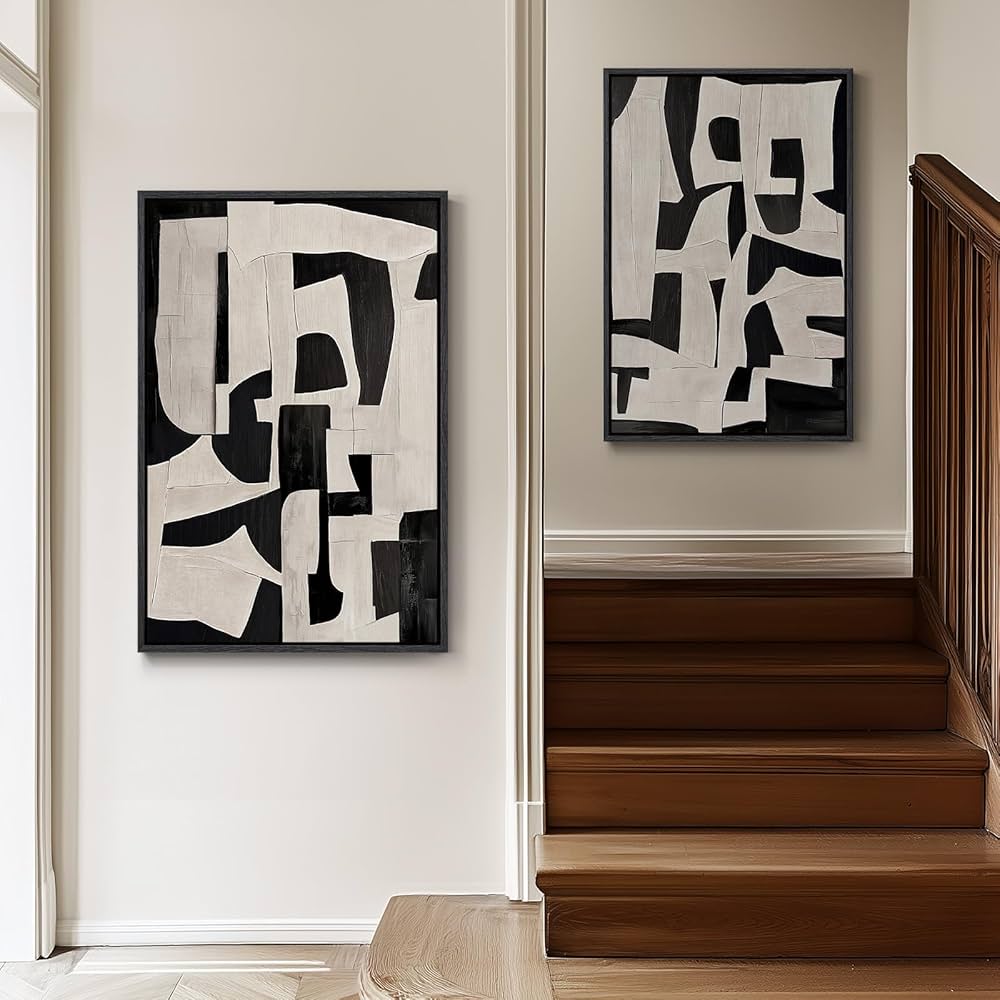 Large Framed Black and White Abstract Wall Art for Living Room, 2 Piece Modern Canvas Prints Paintings Artwork for Walls, Minimalist Black Beige Pictures for Hallway Dining Bedroom Wall Decor 24×36 In