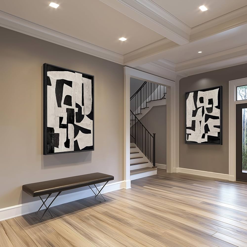 Large Framed Black and White Abstract Wall Art for Living Room, 2 Piece Modern Canvas Prints Paintings Artwork for Walls, Minimalist Black Beige Pictures for Hallway Dining Bedroom Wall Decor 24×36 In