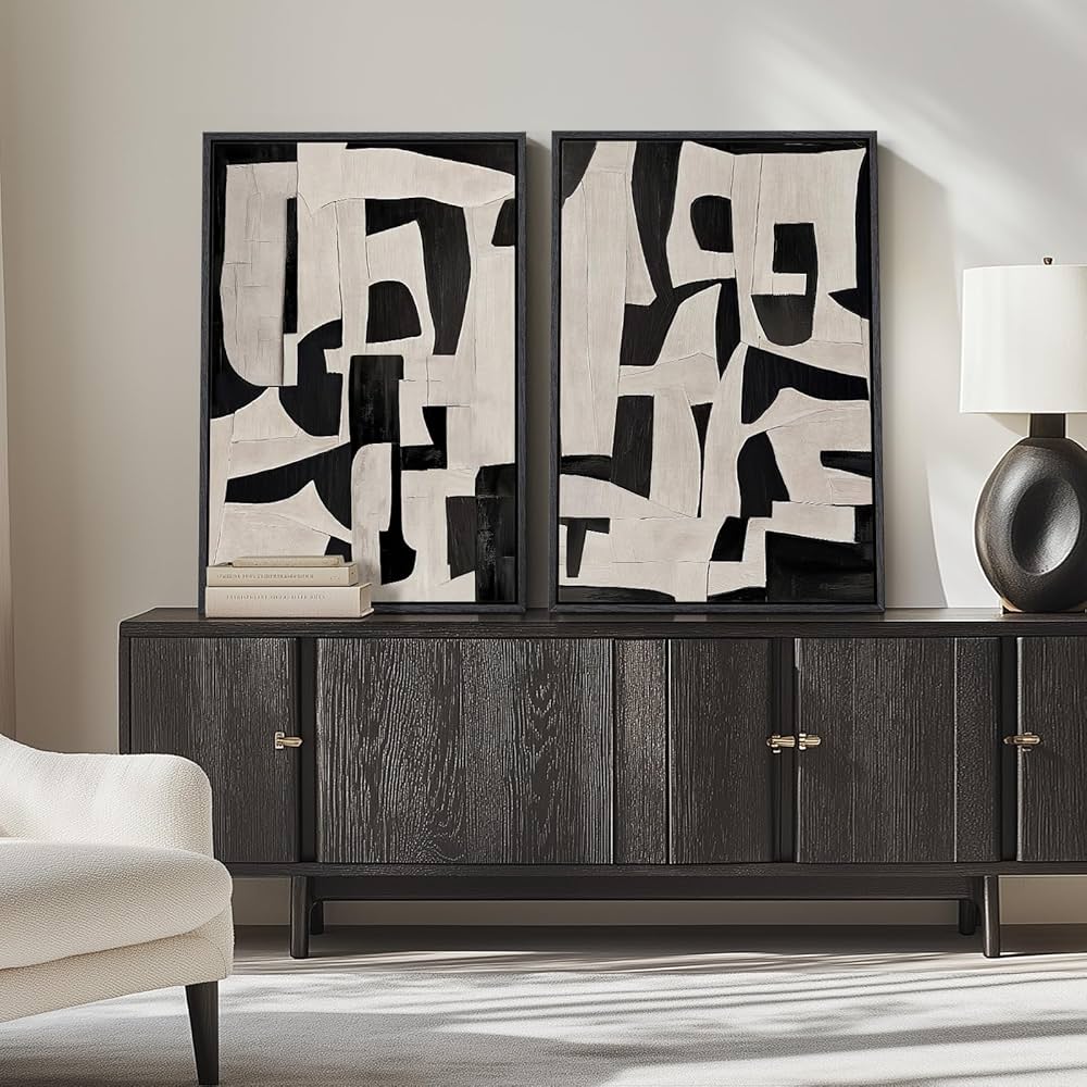 Large Framed Black and White Abstract Wall Art for Living Room, 2 Piece Modern Canvas Prints Paintings Artwork for Walls, Minimalist Black Beige Pictures for Hallway Dining Bedroom Wall Decor 24×36 In