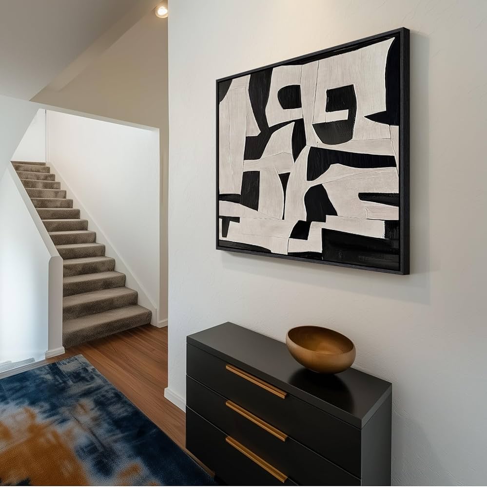 Large Framed Black and White Abstract Wall Art for Living Room, 2 Piece Modern Canvas Prints Paintings Artwork for Walls, Minimalist Black Beige Pictures for Hallway Dining Bedroom Wall Decor 24×36 In