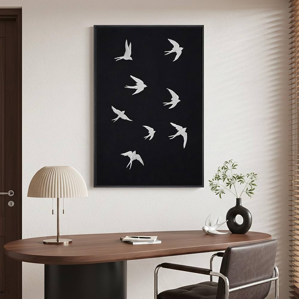 Framed Black and White Modern Wall Art, Large Animal Canvas Prints Paintings Artwork for Walls, Minimalist Birds in Flight Pictures for Living Room Dining Bedroom Hallway Office Home Decor 24×36 In