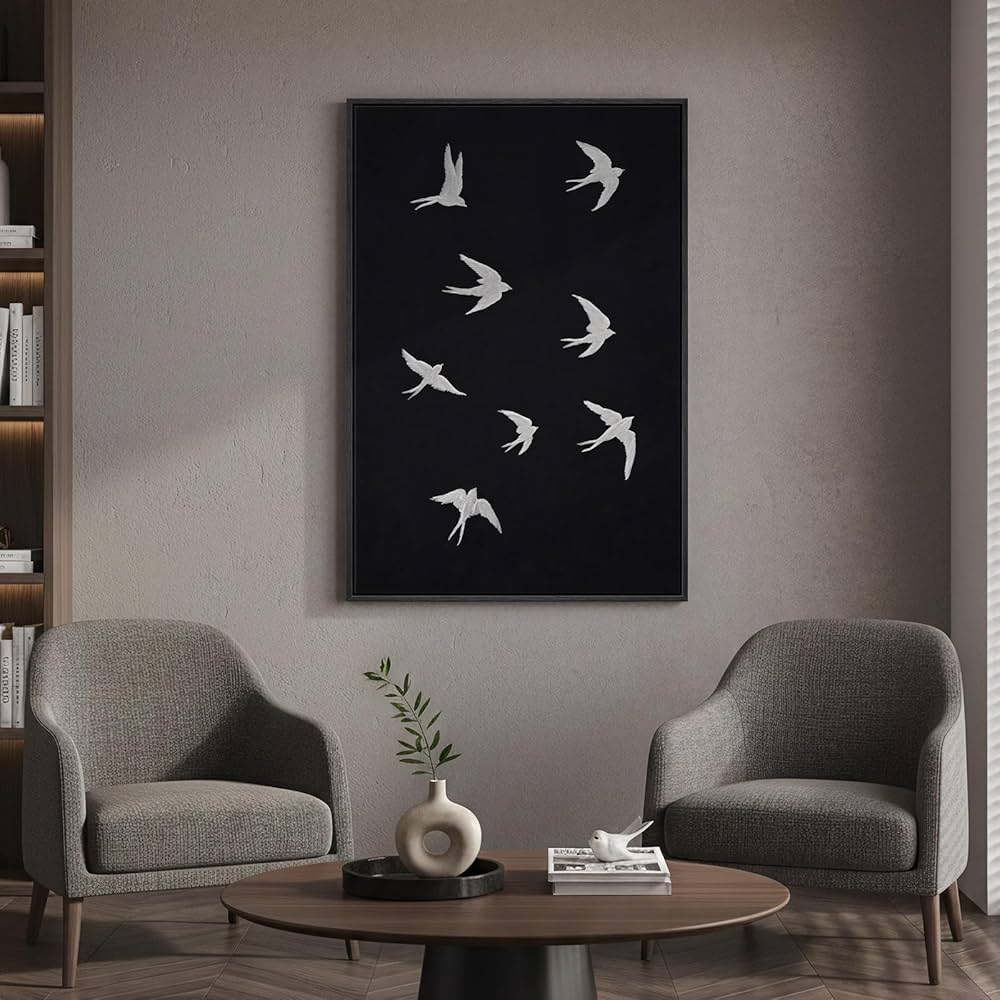Framed Black and White Modern Wall Art, Large Animal Canvas Prints Paintings Artwork for Walls, Minimalist Birds in Flight Pictures for Living Room Dining Bedroom Hallway Office Home Decor 24×36 In