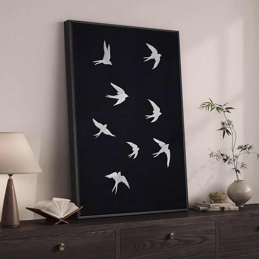 Framed Black and White Modern Wall Art, Large Animal Canvas Prints Paintings Artwork for Walls, Minimalist Birds in Flight Pictures for Living Room Dining Bedroom Hallway Office Home Decor 24×36 In