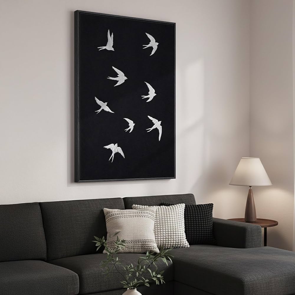 Framed Black and White Modern Wall Art, Large Animal Canvas Prints Paintings Artwork for Walls, Minimalist Birds in Flight Pictures for Living Room Dining Bedroom Hallway Office Home Decor 24×36 In