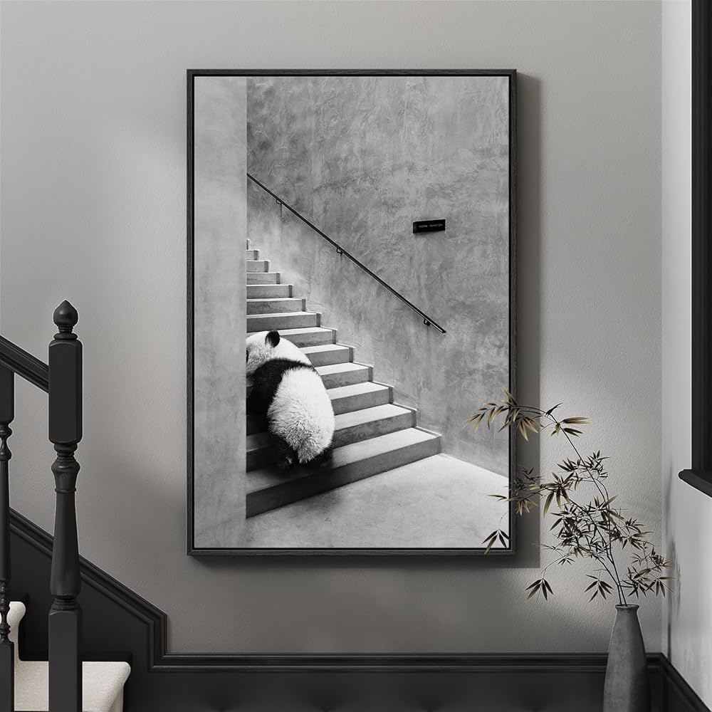 Framed Modern Black and White Wall Art, Modern Animal Panda Canvas Prints Paintings Artwork for Walls, Minimalist Panda Pictures for Living Room Bedroom Dining Room Lounge Office Wall Decor 24×36 In