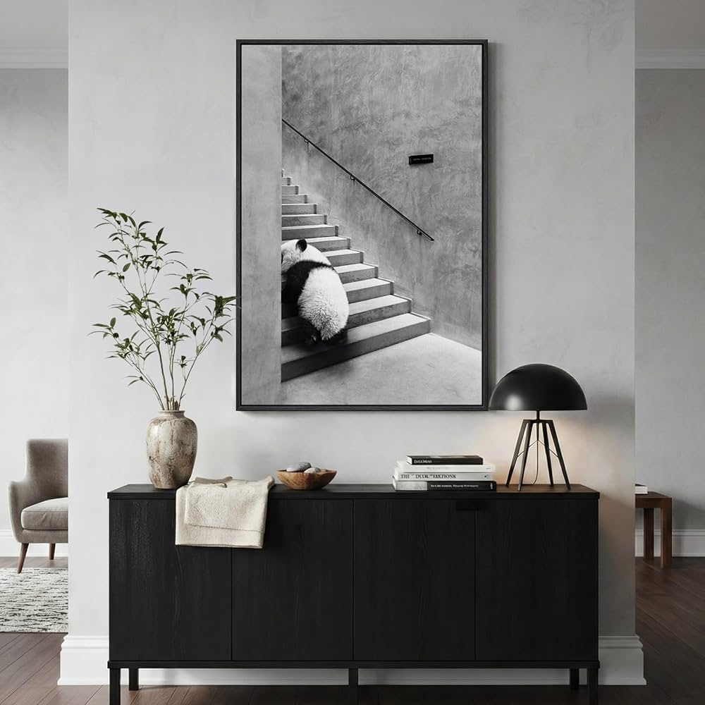 Framed Modern Black and White Wall Art, Modern Animal Panda Canvas Prints Paintings Artwork for Walls, Minimalist Panda Pictures for Living Room Bedroom Dining Room Lounge Office Wall Decor 24×36 In