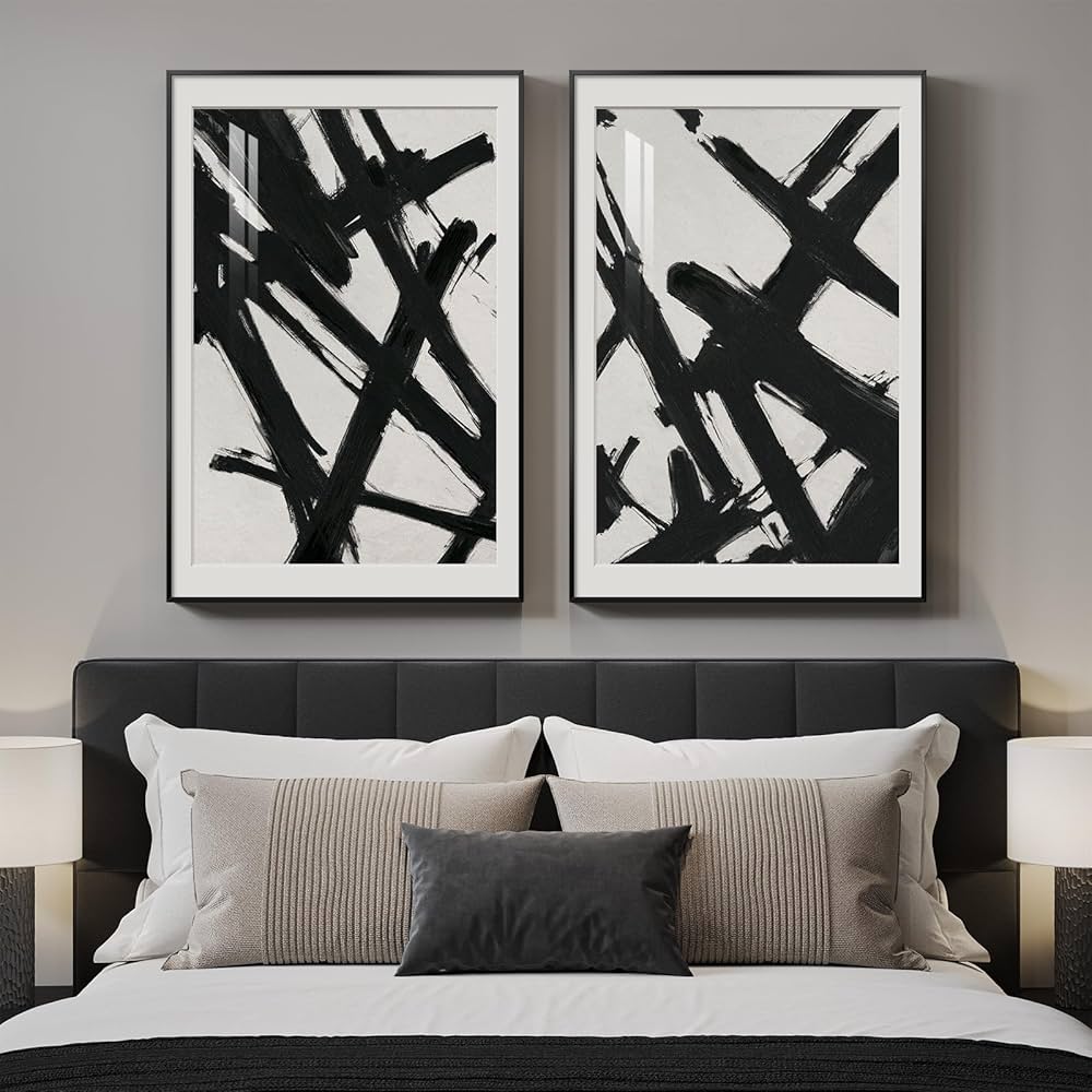 Large Framed Modern Black and White Wall Art, 2 Piece Minimalist Abstract Line Print Paintings, Bright Style Pictures Artwork Decor for Living Room Bedroom Dining Room Hallway 24×36 Inch