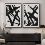 Large Framed Modern Black and White Wall Art, 2 Piece Minimalist Abstract Line Print Paintings, Bright Style Pictures Artwork Decor for Living Room Bedroom Dining Room Hallway 24×36 Inch