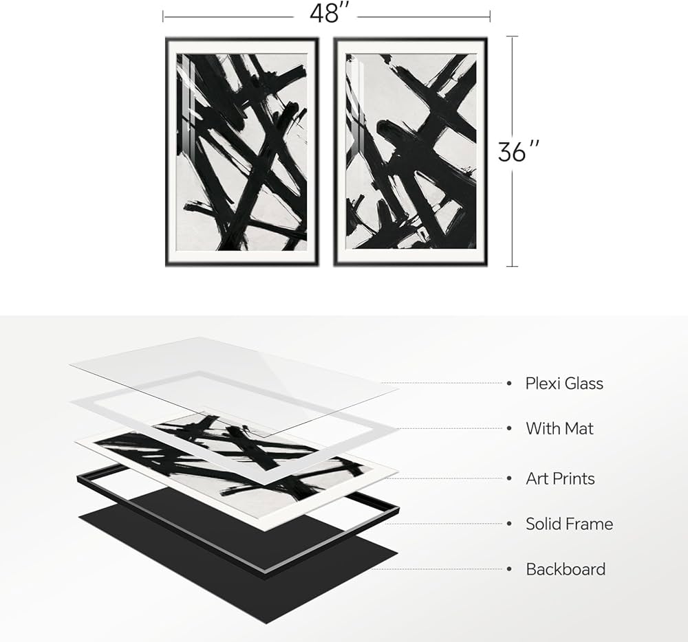Large Framed Modern Black and White Wall Art, 2 Piece Minimalist Abstract Line Print Paintings, Bright Style Pictures Artwork Decor for Living Room Bedroom Dining Room Hallway 24×36 Inch
