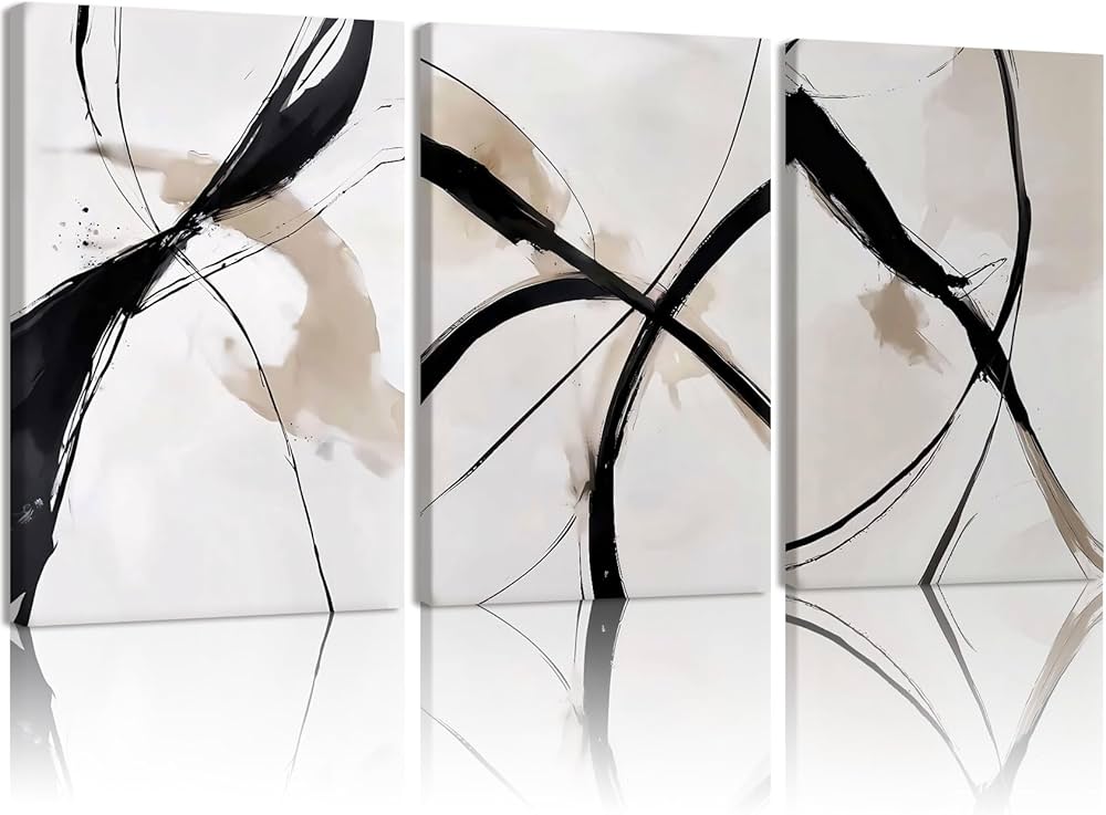 RZIGERNO 3 Pcs Abstract Line Wall Art Modern Minimalist Framed Canvas Prints 12×16 Inch Neutral Black and Beige Wall Decor Posters for Living Room Bedroom Office