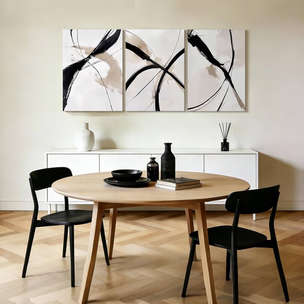 RZIGERNO 3 Pcs Abstract Line Wall Art Modern Minimalist Framed Canvas Prints 12×16 Inch Neutral Black and Beige Wall Decor Posters for Living Room Bedroom Office