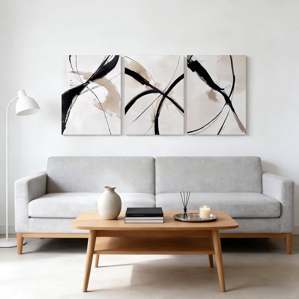 RZIGERNO 3 Pcs Abstract Line Wall Art Modern Minimalist Framed Canvas Prints 12×16 Inch Neutral Black and Beige Wall Decor Posters for Living Room Bedroom Office