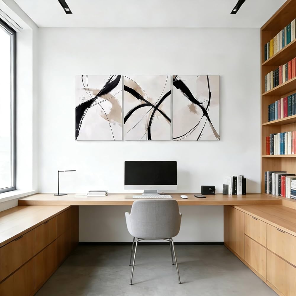 RZIGERNO 3 Pcs Abstract Line Wall Art Modern Minimalist Framed Canvas Prints 12×16 Inch Neutral Black and Beige Wall Decor Posters for Living Room Bedroom Office