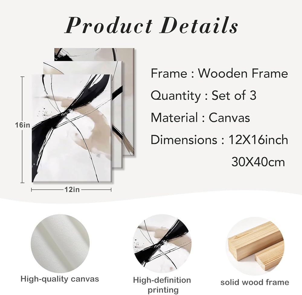 RZIGERNO 3 Pcs Abstract Line Wall Art Modern Minimalist Framed Canvas Prints 12×16 Inch Neutral Black and Beige Wall Decor Posters for Living Room Bedroom Office
