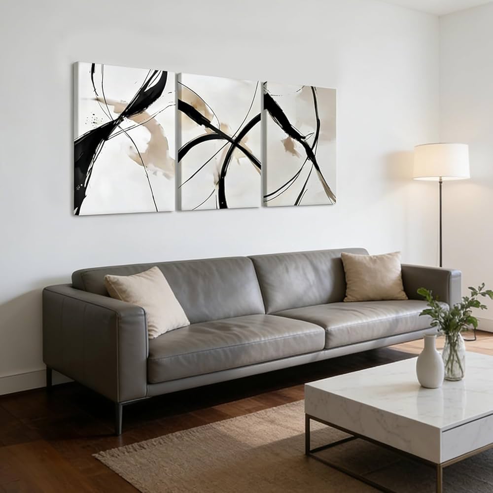 RZIGERNO 3 Pcs Abstract Line Wall Art Modern Minimalist Framed Canvas Prints 12×16 Inch Neutral Black and Beige Wall Decor Posters for Living Room Bedroom Office